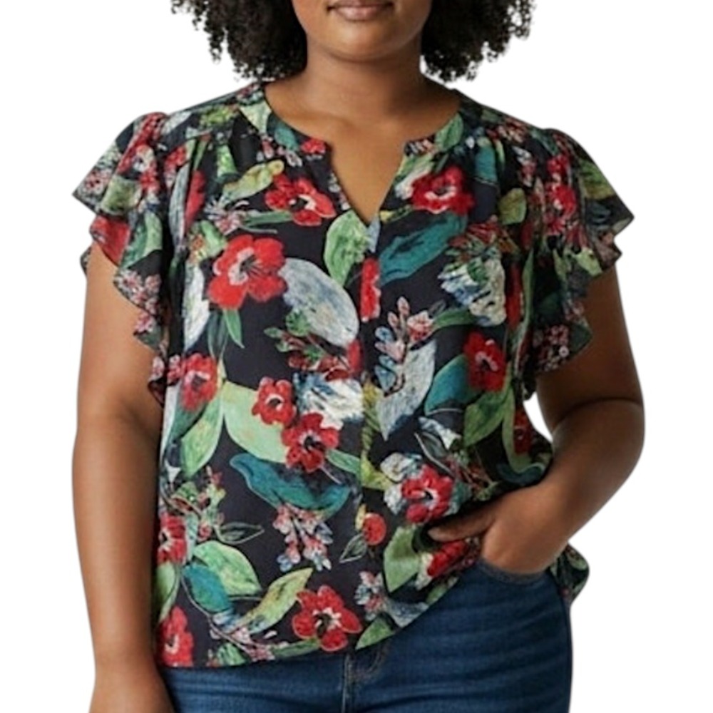 ZAC & RACHEL Navy/Multi Floral PLEATED V-NECK TOP BLOUSE Flutter Sleeve SZ 2X